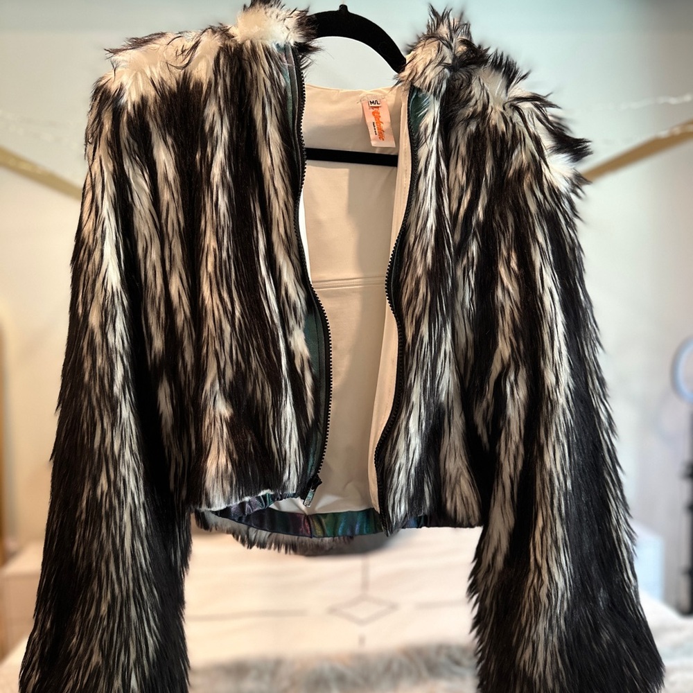 Dolls Kill Black and White Faux Fur Light up Crop Jacket